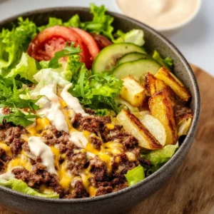 A colorful plate of Burger Bowls with fresh toppings and ingredients.