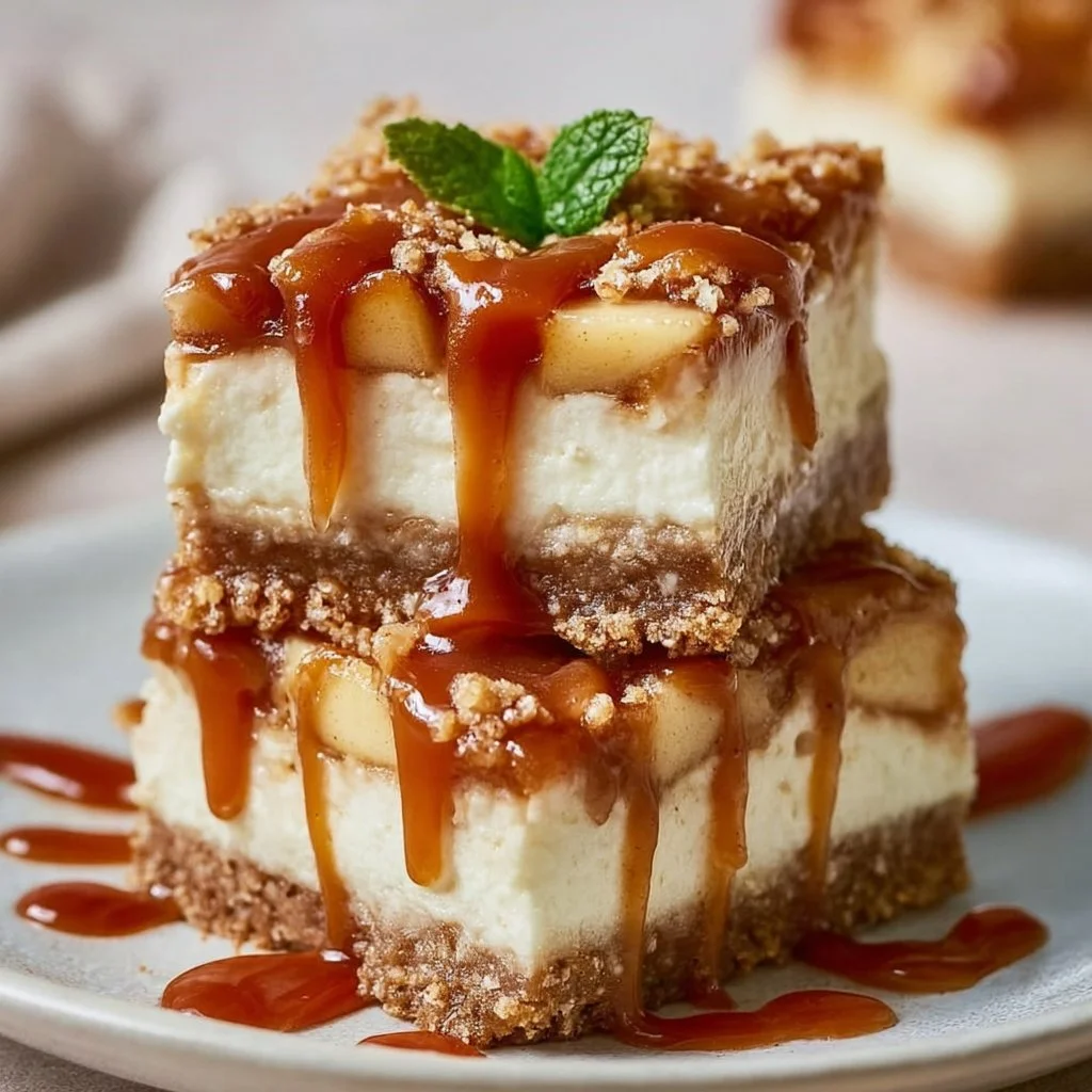 Delicious caramel apple cheesecake bars served on a plate