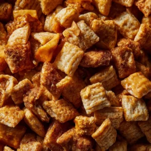 Bowl of caramel apple puppy chow with crunchy pieces and apple slices