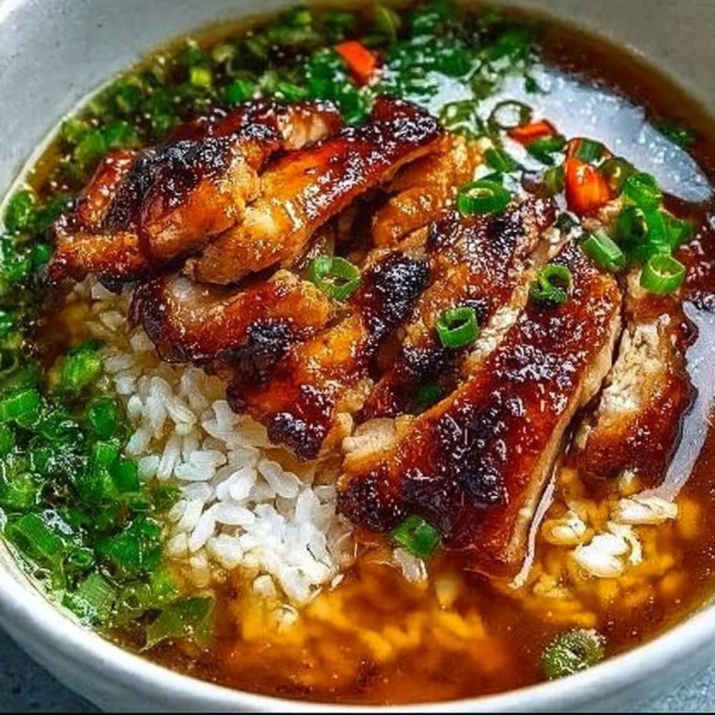 Bowl of caramelized soy chicken in garlic ginger broth served with rice