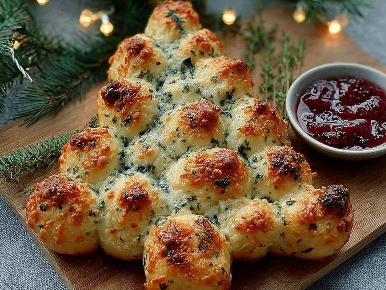 Cheesy Christmas Tree Bread shaped like a festive Christmas tree
