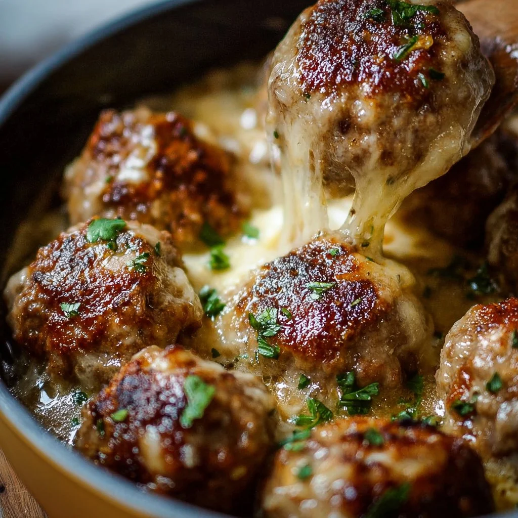 Delicious Cheesy French Onion Meatballs served with savory sauce and cheese