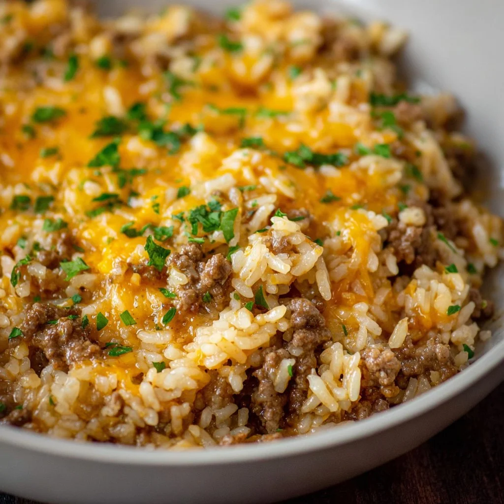 Cheesy ground beef and rice casserole served in a vibrant dish