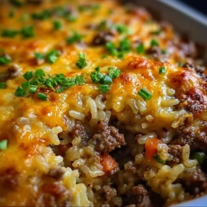 Cheesy Ground Beef Rice Casserole served in a baking dish