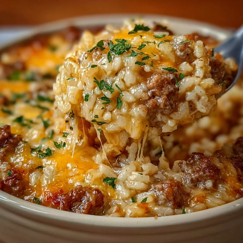 Cheesy Hamburger Rice Casserole in a baking dish topped with melted cheese
