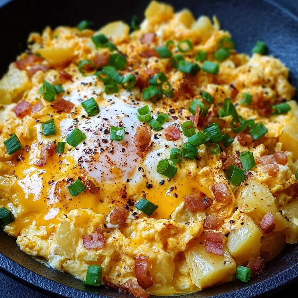 Cheesy potato egg scramble garnished with herbs in a skillet
