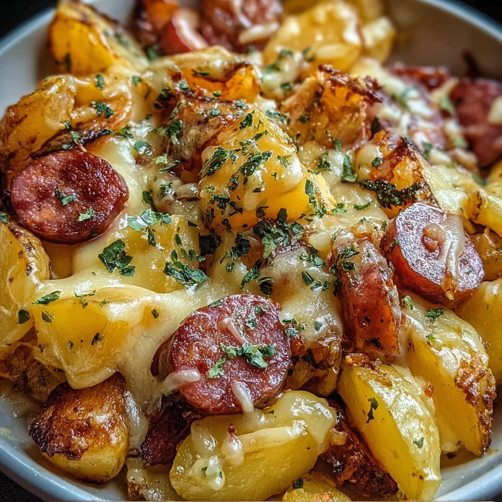 Delicious cheesy ranch potatoes with smoked sausage on a plate