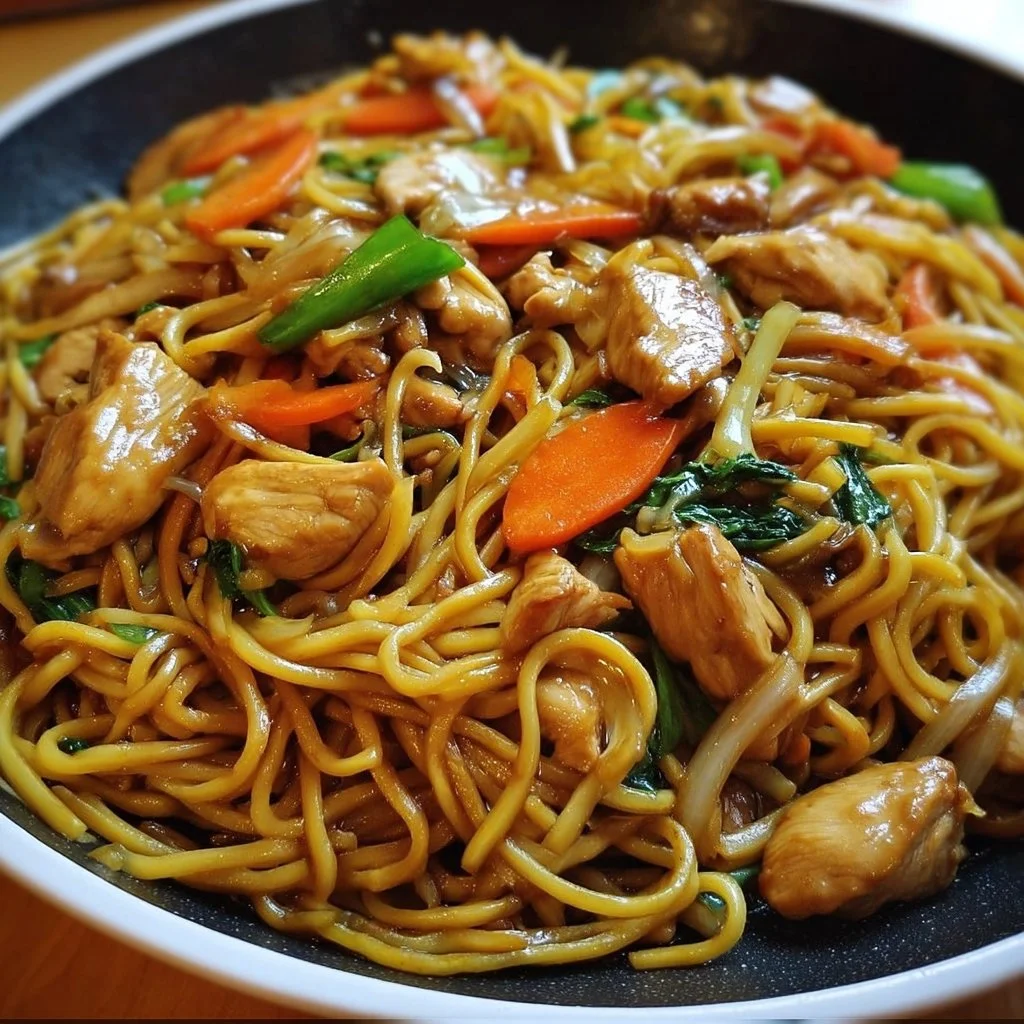 Delicious Chicken Lo Mein with vegetables and noodles in a savory sauce