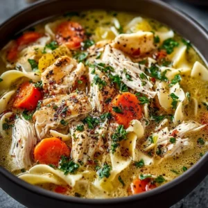 Bowl of homemade Chicken Noodle Soup with vegetables and noodles