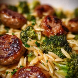 Plate of Chicken Sausage and Broccoli Orzo with vegetables and spices