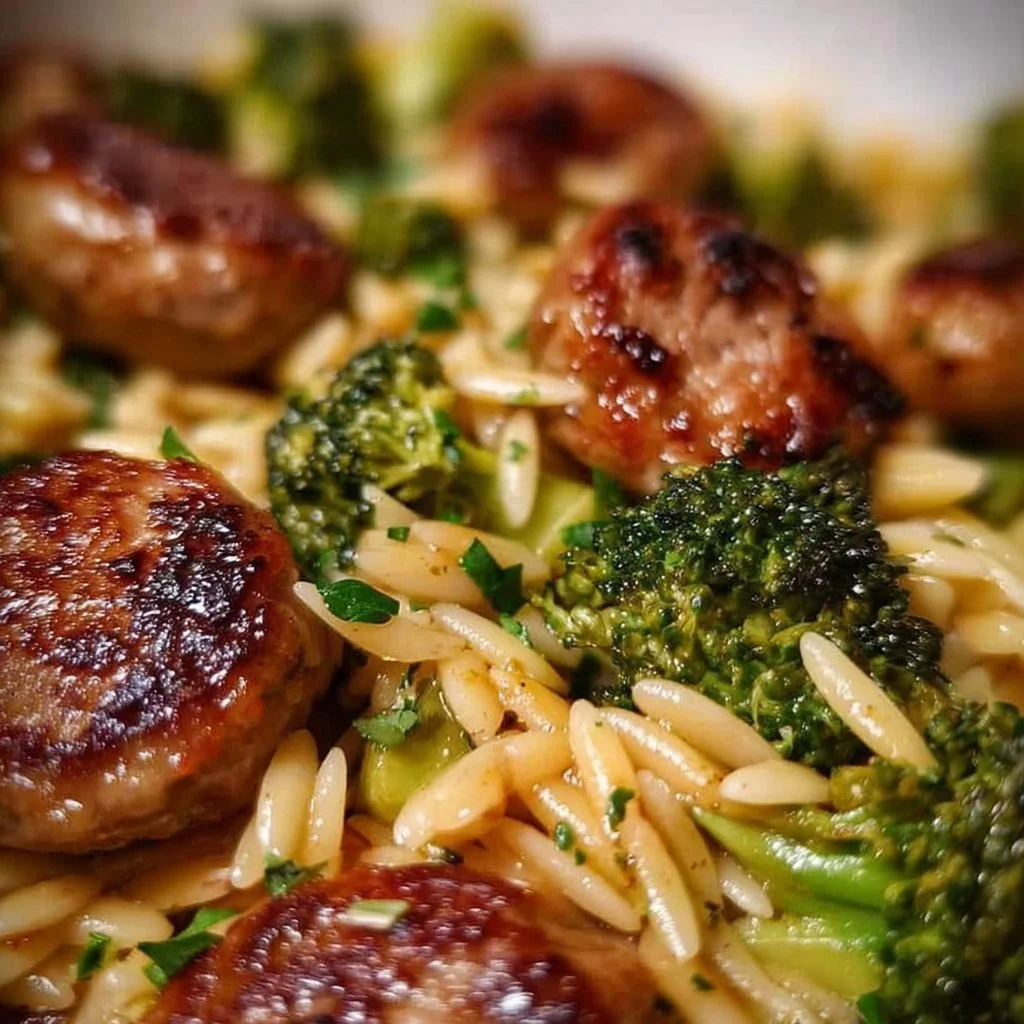 Plate of Chicken Sausage and Broccoli Orzo with vegetables and spices