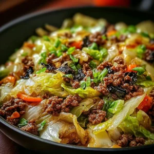 Chinese ground beef and cabbage stir-fry in a colorful bowl