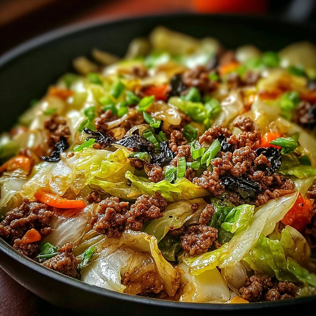 Chinese ground beef and cabbage stir-fry in a colorful bowl