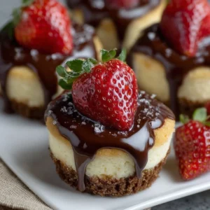 Chocolate covered strawberry mini cheesecakes on a white platter