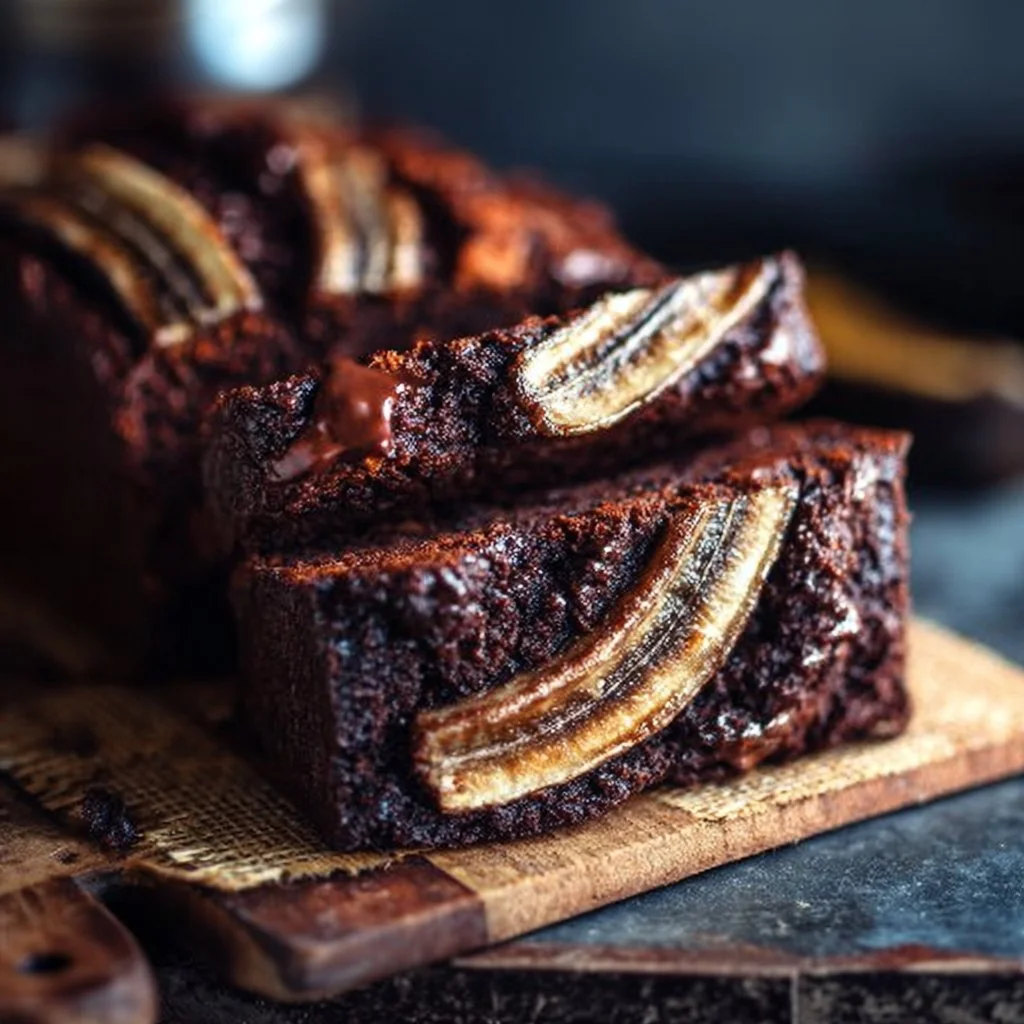 Delicious slice of Chocolate Espresso Banana Bread on a wooden board