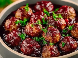 Festive Christmas Cranberry Meatballs served on a platter