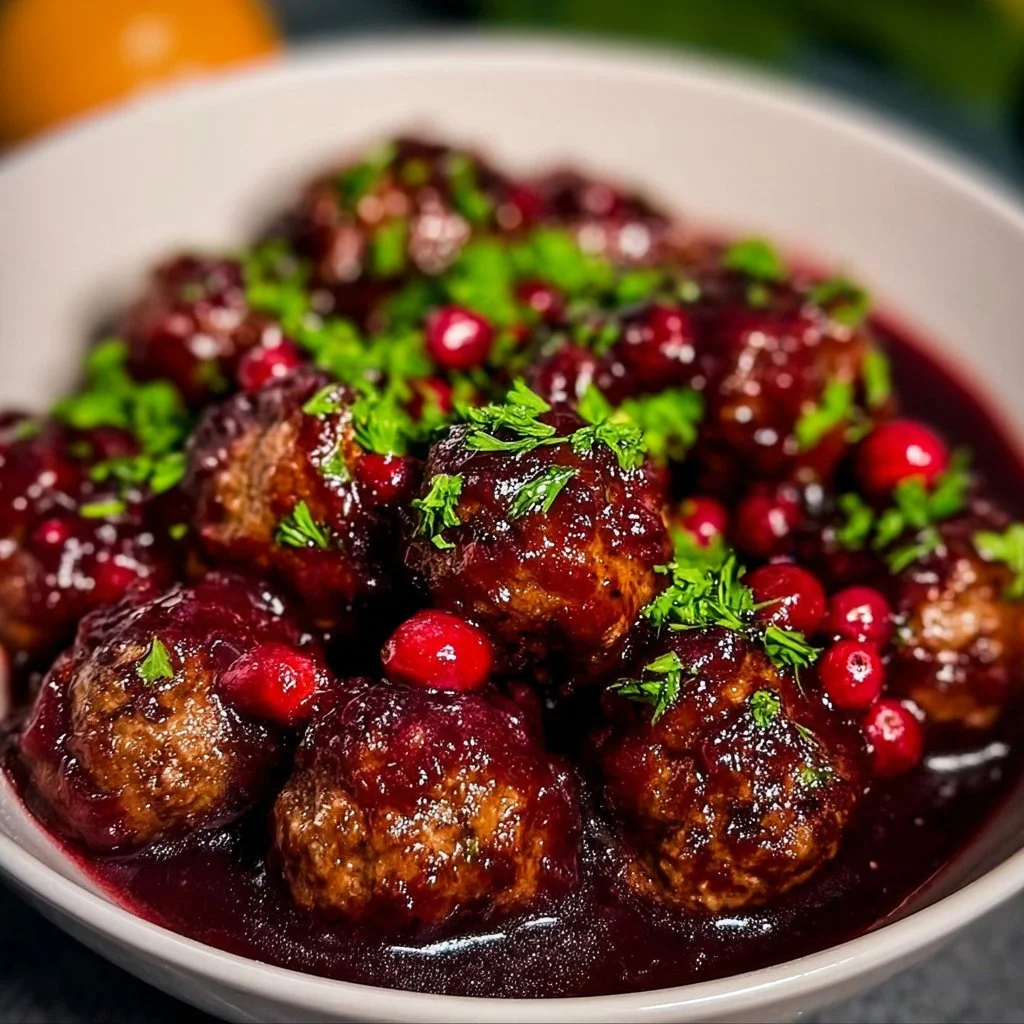 Delicious Christmas Cranberry Meatballs served on a festive platter