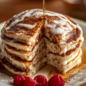 Decadent cinnamon roll pancakes stacked with icing on top