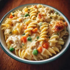 Delicious classic chicken pot pie pasta served in a bowl