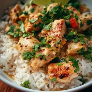 Coconut chicken dish with rice garnished with fresh herbs.
