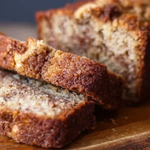 Moist and flavorful coffee cake banana bread slice on a plate