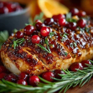 Cranberry orange glazed turkey breast served on a festive table