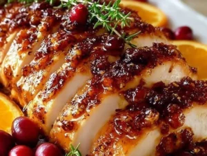 Cranberry Orange Glazed Turkey Breast ready to serve with garnish