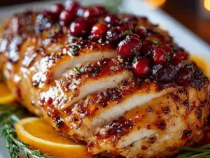 Cranberry Orange Glazed Turkey Breast served on a platter