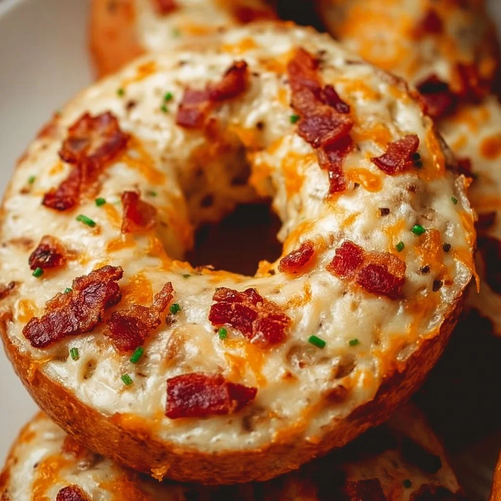 Creamy bacon cheddar bagels topped with melted cheese and crispy bacon