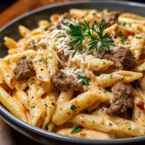 Delicious creamy beef pasta topped with fresh herbs in a bowl.