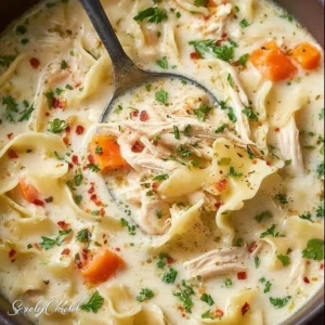 Bowl of creamy chicken soup garnished with herbs and spices.