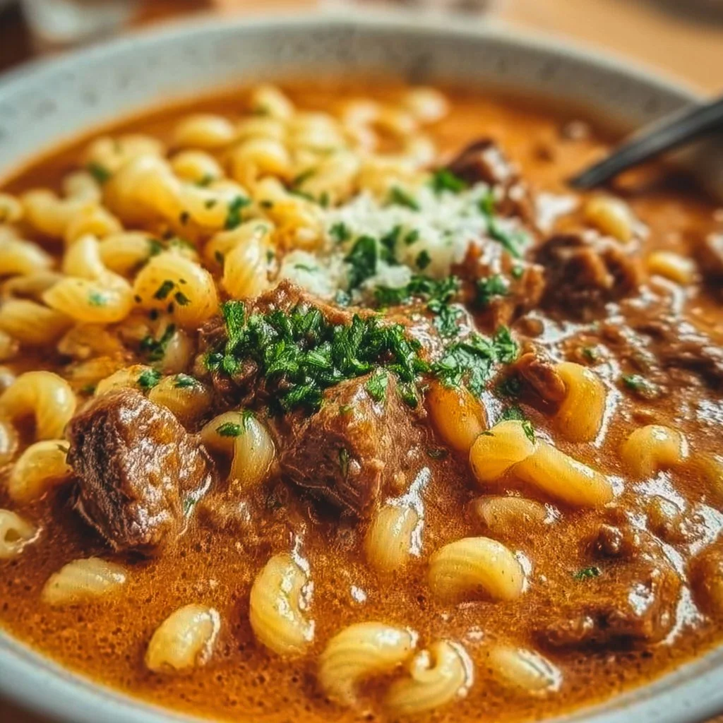 A bowl of creamy German goulash with tender beef and rich sauce