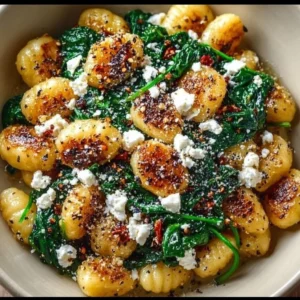 Creamy gnocchi with spinach and feta served in a bowl.