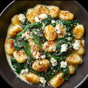 Creamy gnocchi with spinach and feta served in a bowl