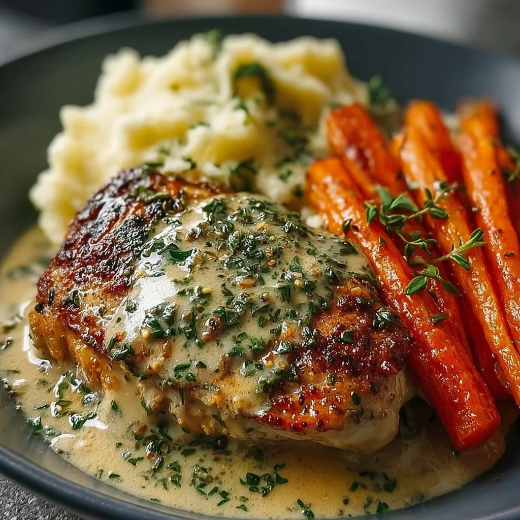 Plate of creamy herb chicken with mashed potatoes and glazed carrots