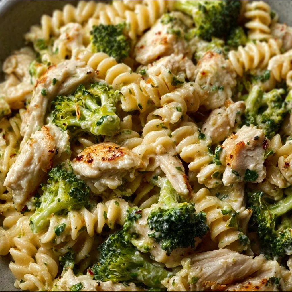 Creamy rotisserie chicken broccoli pasta served in a bowl