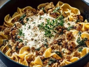 Bowl of creamy Turkey Stroganoff served with noodles and garnished with parsley