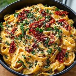 Creamy vegan sun-dried tomato pasta topped with fresh herbs and vegan cheese.