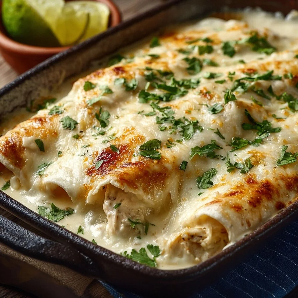 Creamy white chicken enchiladas topped with cheese and served on a plate
