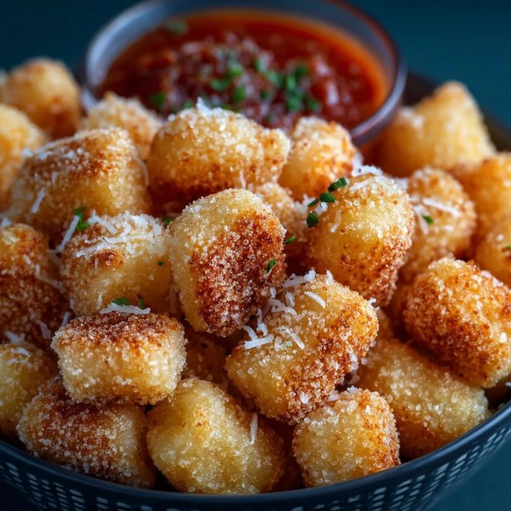 Crispy air fryer gnocchi served in a bowl with herbs