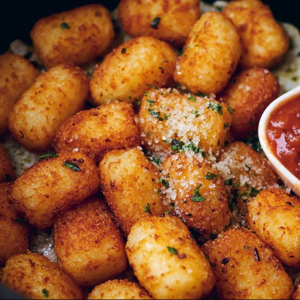 Crispiest air fryer gnocchi served with herbs and sauce