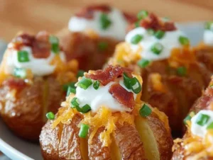 Crispy loaded Hasselback potato bites topped with cheese and herbs.