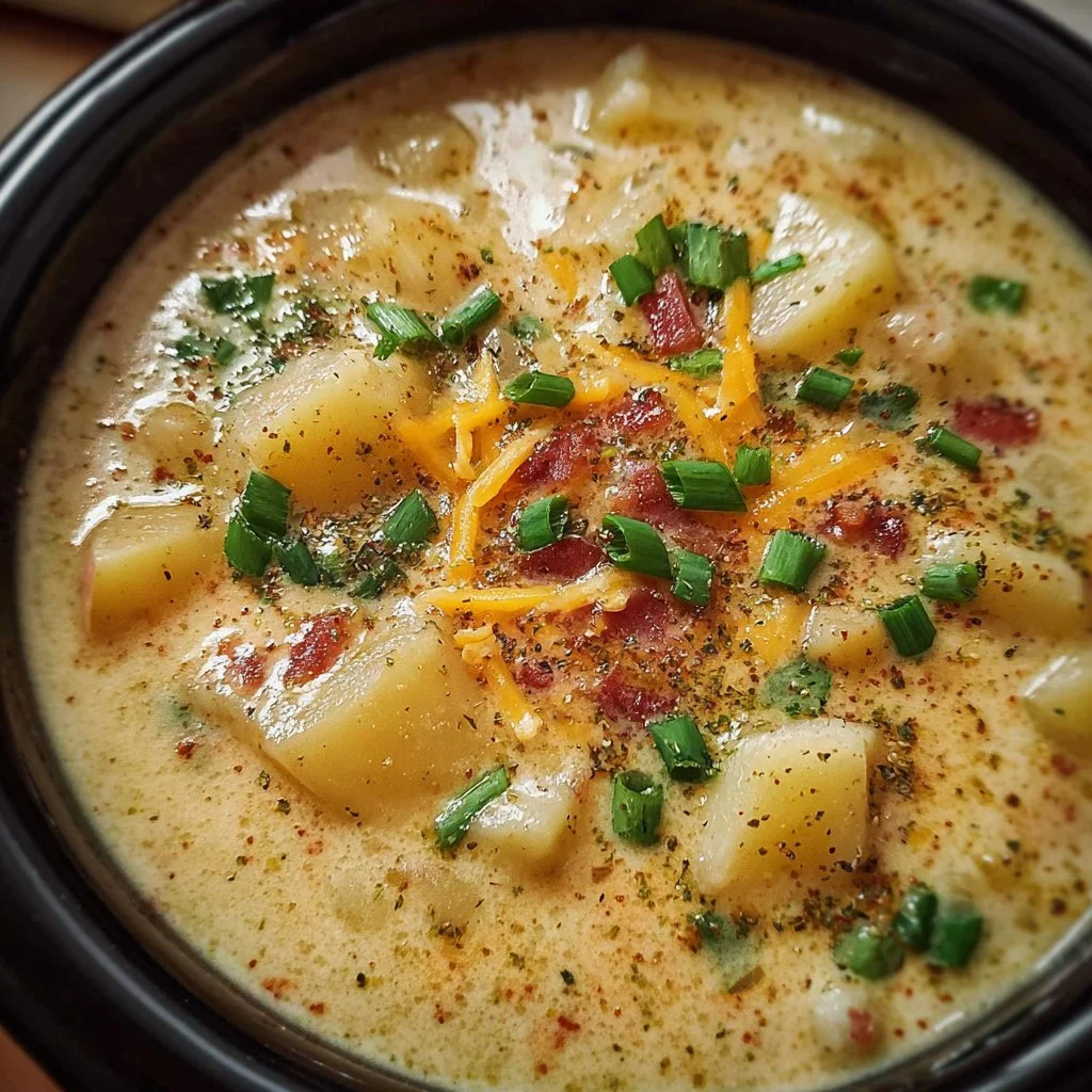 Bowl of creamy Crock Pot Crack Potato Soup garnished with green onions and cheese