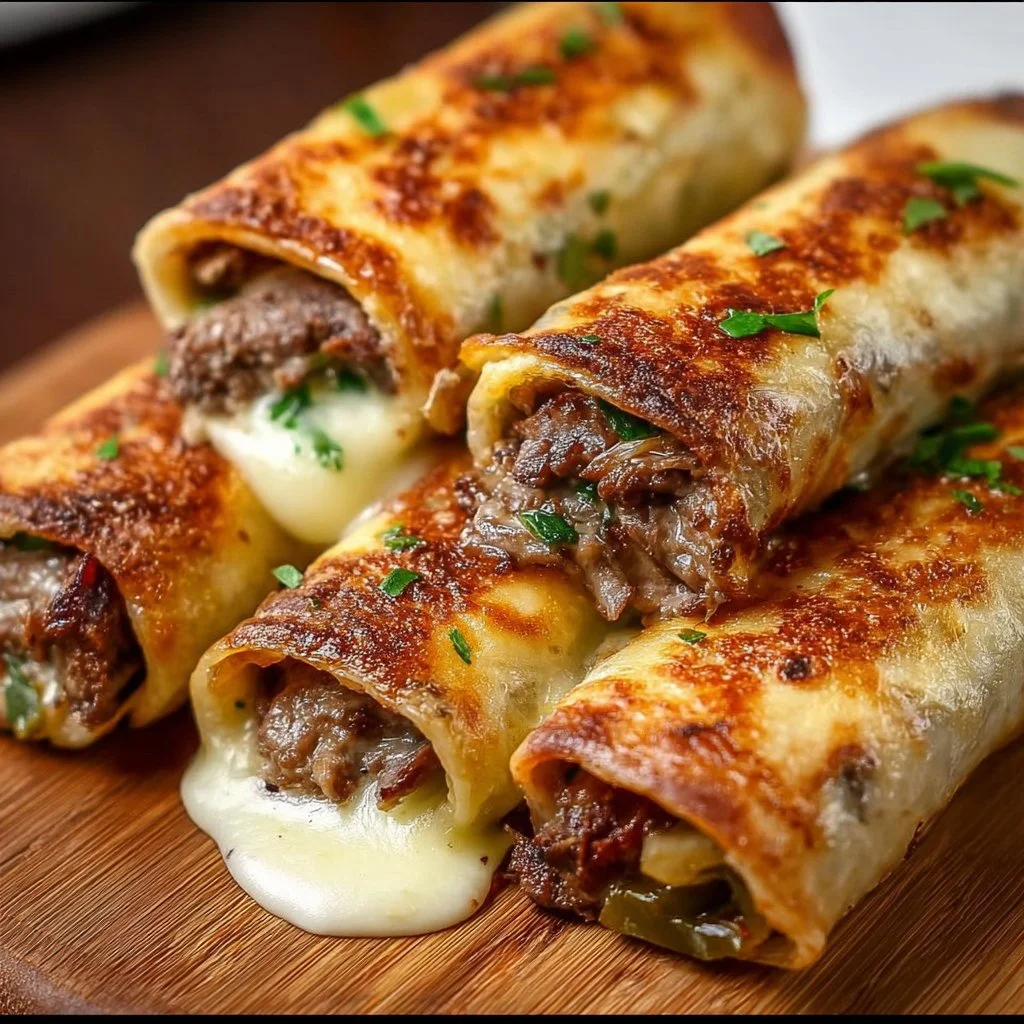 Keto Philly Cheesesteak Roll Ups served with garnish on a plate