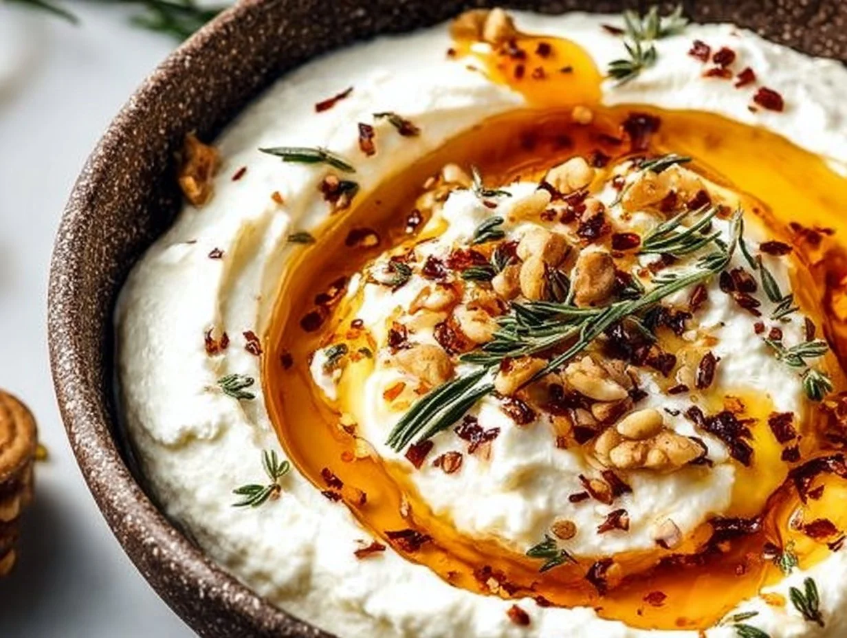 Delicious ricotta dip topped with hot honey served in a bowl.