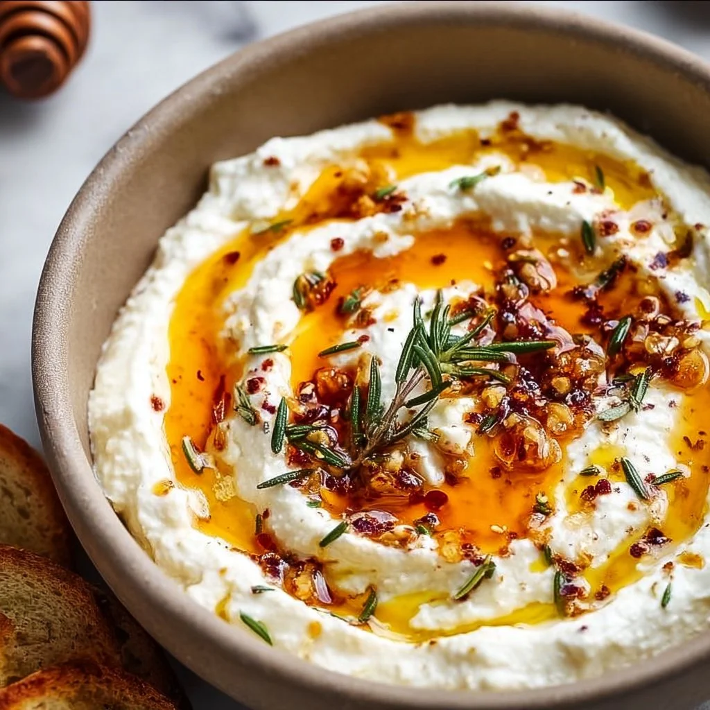 Delicious ricotta dip garnished with hot honey in a serving bowl