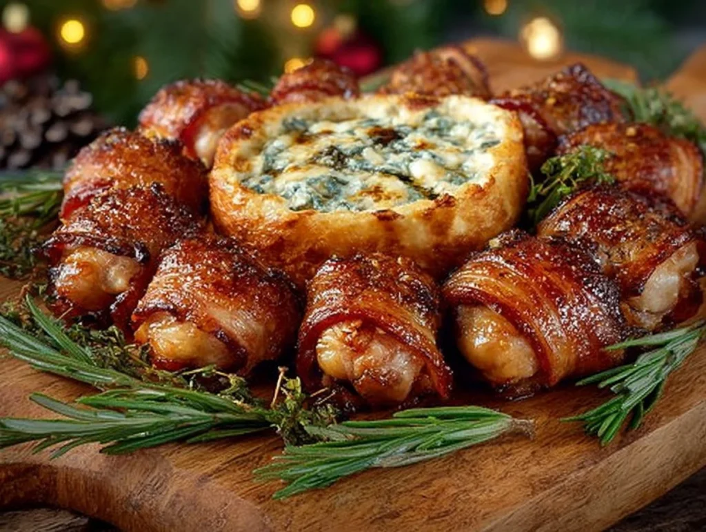 Delicious Camembert Pigs in Blankets ready to be served as an appetizer.