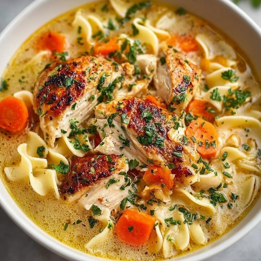 Bowl of easy chicken noodle soup with fresh vegetables and noodles
