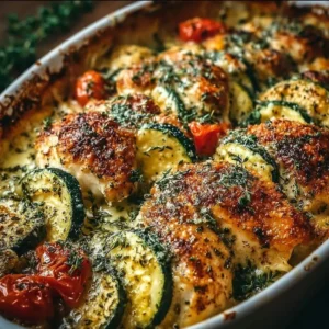 Easy chicken zucchini bake dish fresh from the oven with melted cheese.
