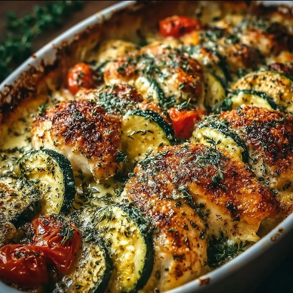 Easy chicken zucchini bake dish fresh from the oven with melted cheese.